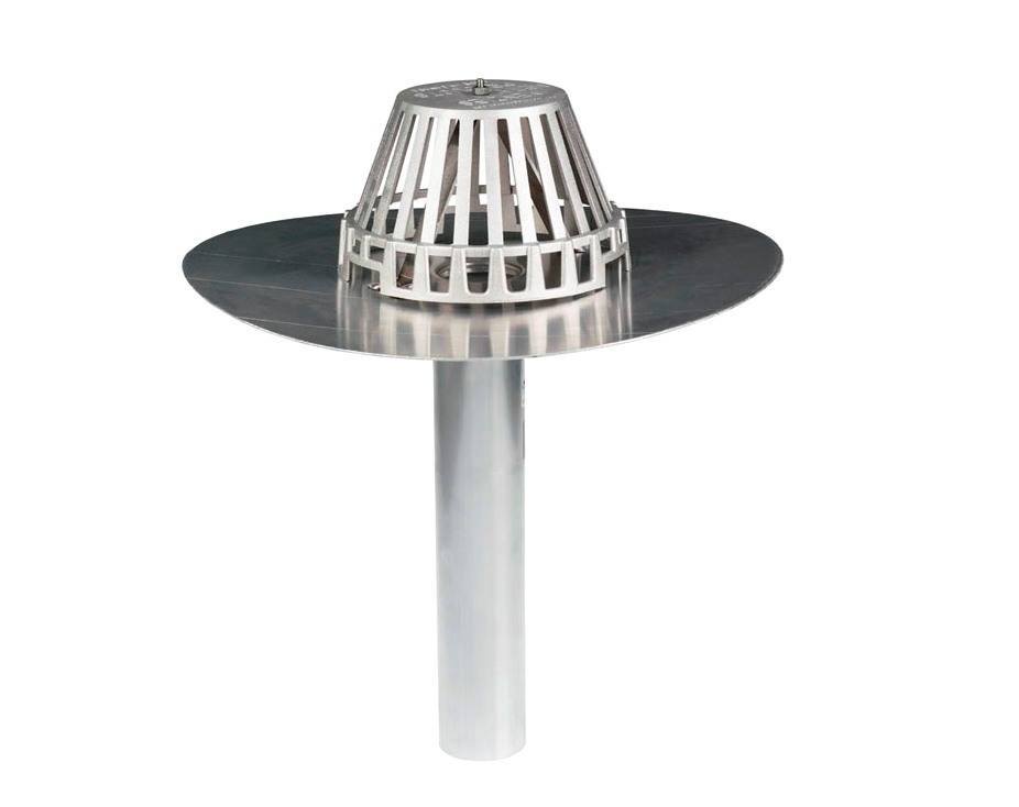 Commercial Undersize Aluminum Drain by Menzies, with a smaller-diameter pipe for use as an insert drain in a re-roof application. Not compatible with Menzies’ Blue Drain Seal™.