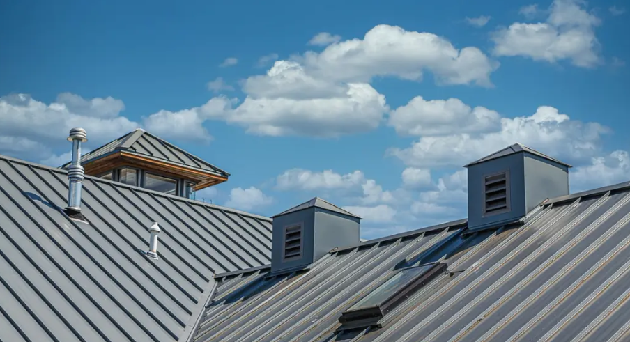 Various types of roof vents on a pitched roof. 